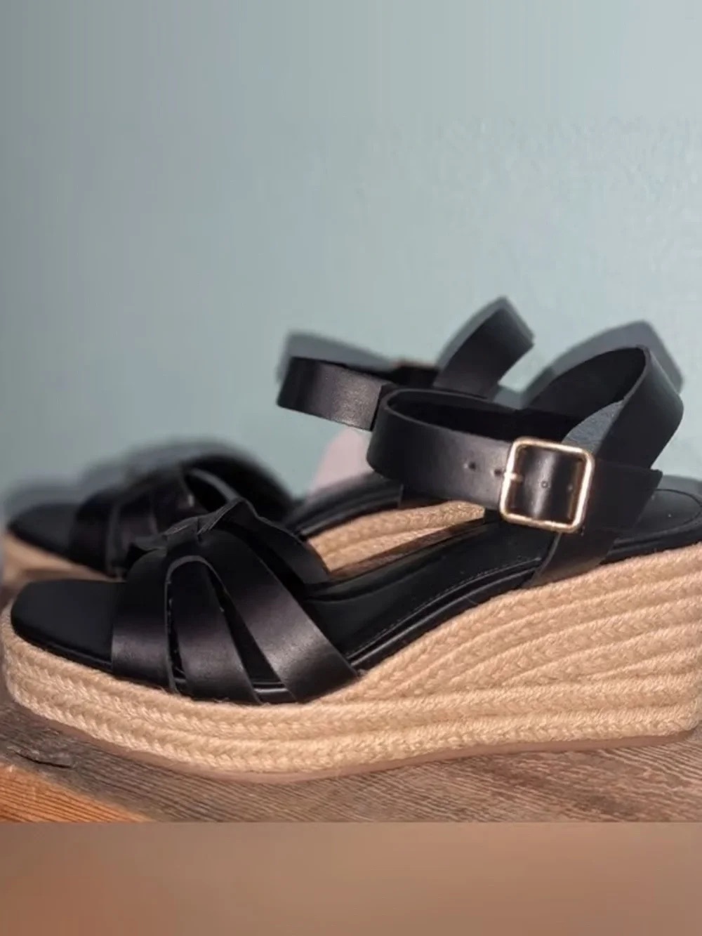 Time and Tru Black Espadrille Wedge Sandals